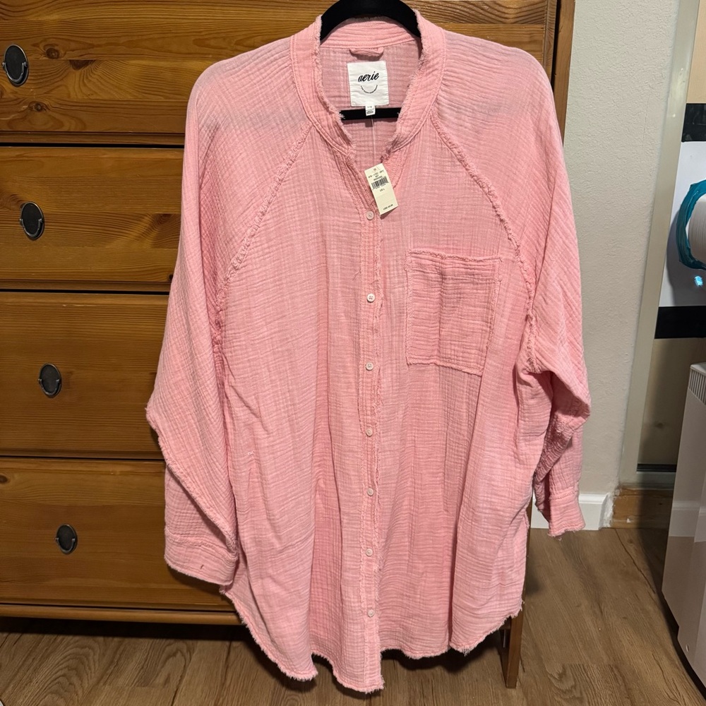 Aerie pink button up shirt, size L